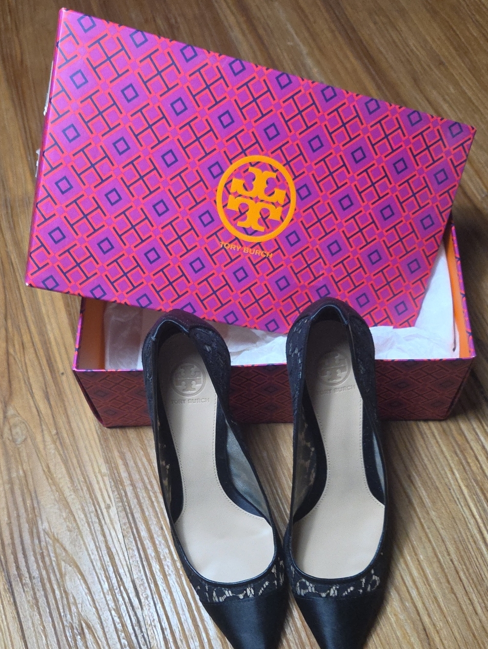 Tory Burch Black Pointed-Toe Lace Pumps